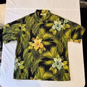 TOMMY BAHAMA Mens XL Black Palm Leaves Hibiscus Flower 100% Silk Button Up Shirt